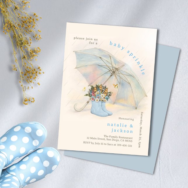Invitación Pastel paraguas Floral Blue Boots Baby Sprinkle (Pastel Umbrella Floral Blue Boots Baby Sprinkle Invitation)