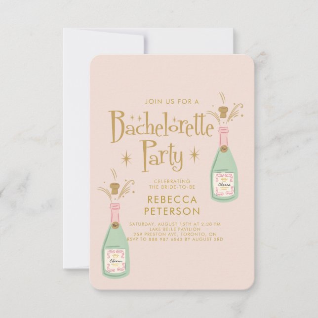Invitación Pastel Peach Golden Champagne Bachelorette (Anverso)
