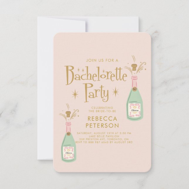 Invitación Pastel Peach Golden Champagne Bachelorette (Anverso)