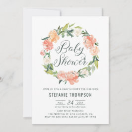 Invitación Pastel Peach Peonies Floral Wreath Baby Shower