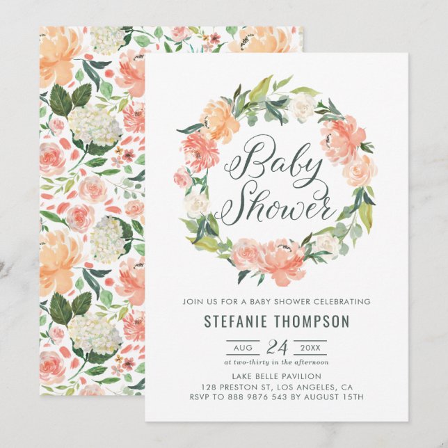 Invitación Pastel Peach Peonies Floral Wreath Baby Shower (Anverso / Reverso)