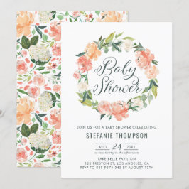 Invitación Pastel Peach Peonies Floral Wreath Baby Shower