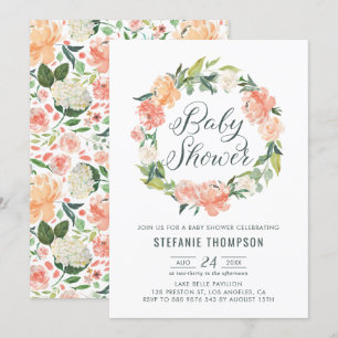 Invitación Pastel Peach Peonies Floral Wreath Baby Shower