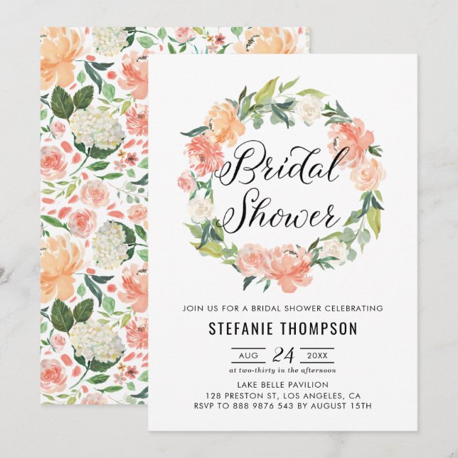 Invitación Pastel Peach Peonies Floral Wreath Brillante Ducha (Anverso / Reverso)