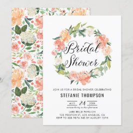 Invitación Pastel Peach Peonies Floral Wreath Brillante Ducha