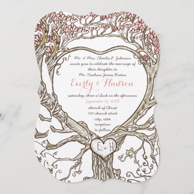 Invitación Pastel Peachy Coral Rubor Pink Boho Heart Shaped (Anverso / Reverso)