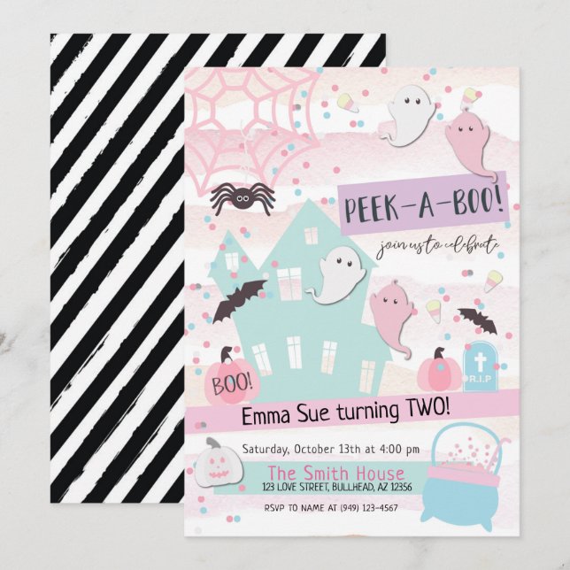Invitación Pastel Peek-A-Boo Fiesta de Halloween 2º cumpleaño (Anverso / Reverso)
