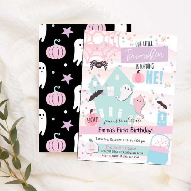 Invitación Pastel Pequeña Calabaza Primer Cumpleaños Hallowee (Subido por el creador)