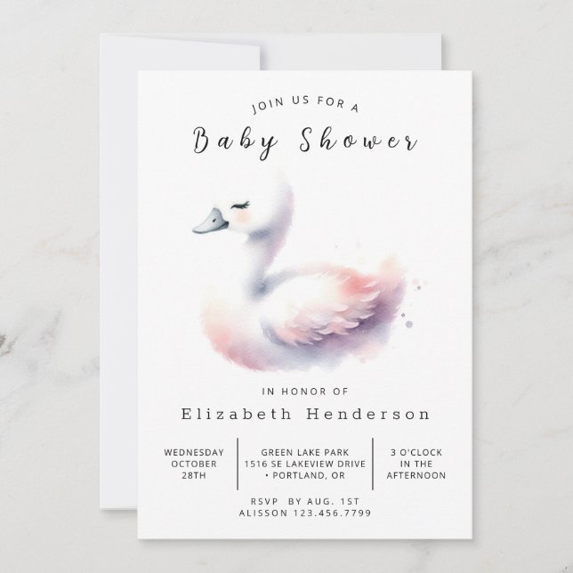 Invitación Pastel Personalizado Swan Baby Shower (Anverso)