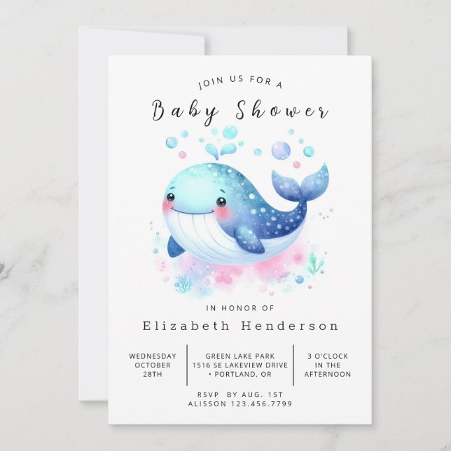 Invitación Pastel Personalizado Whale Baby Shower (Anverso)
