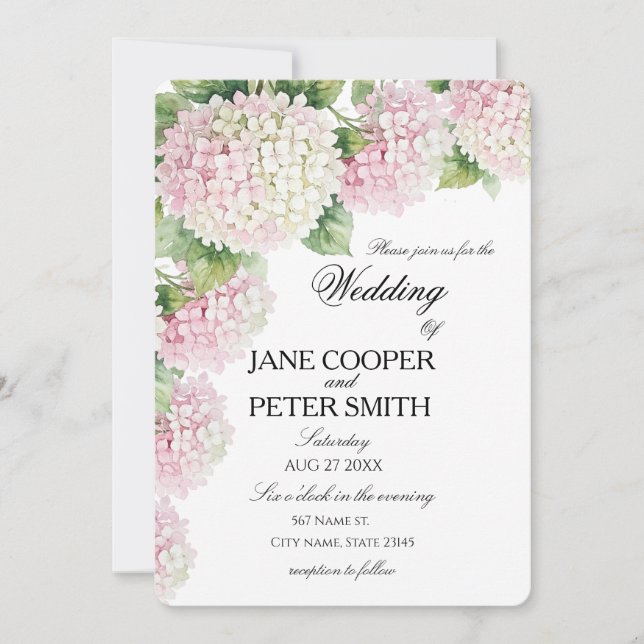Invitación Pastel pink and white hydrangeas Budget Wedding  (Anverso)