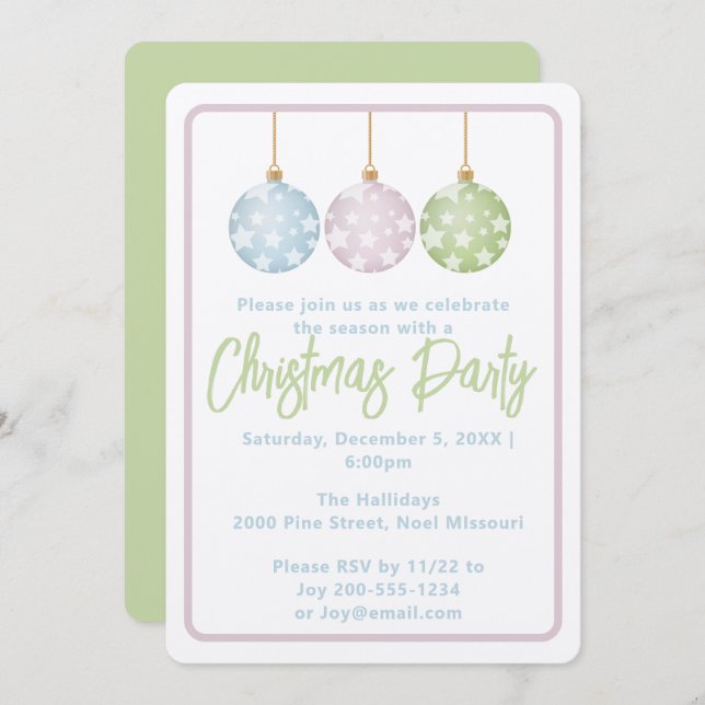 Invitación Pastel Pink Blue & Green Ornaments Christmas Party (Anverso / Reverso)