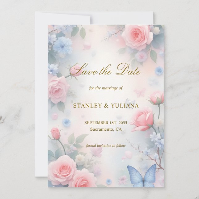 Invitación Pastel Pink Blue Rose Butterfly Fantasy Design (Anverso)