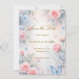Invitación Pastel Pink Blue Rose Butterfly Fantasy Design