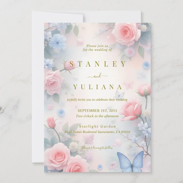 Invitación Pastel Pink Blue Rose Butterfly Fantasy Design (Anverso)