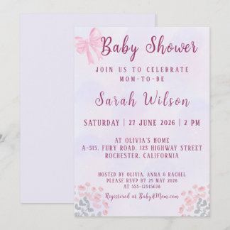 Invitación Pastel Pink Bow Floral Baby Shower