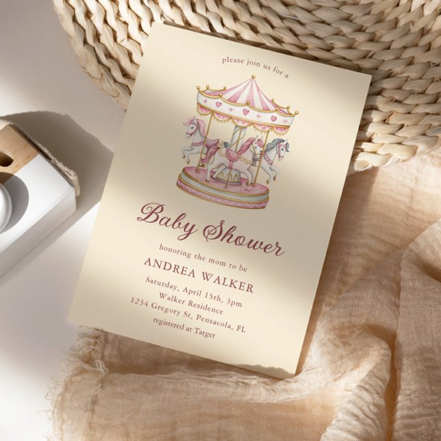 Invitación Pastel Pink Cute Carousel Girl Baby Shower (Subido por el creador)