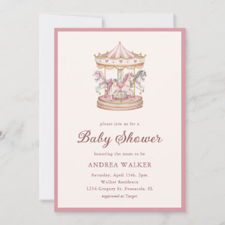 Invitación Pastel Pink Cute Carousel Girl Baby Shower