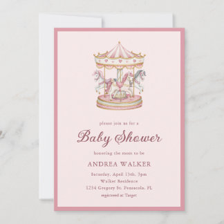 Invitación Pastel Pink Cute Carousel Girl Baby Shower