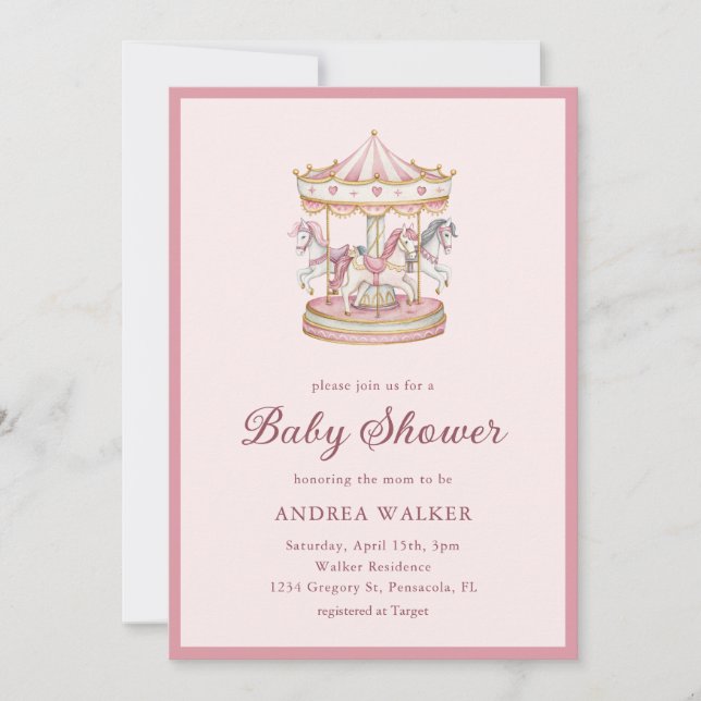 Invitación Pastel Pink Cute Carousel Girl Baby Shower (Anverso)
