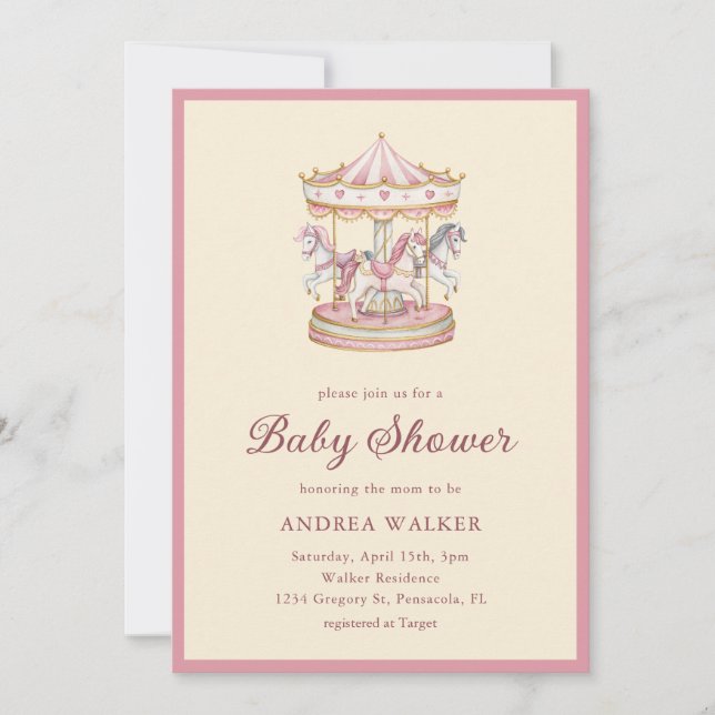 Invitación Pastel Pink Cute Carousel Girl Baby Shower (Anverso)