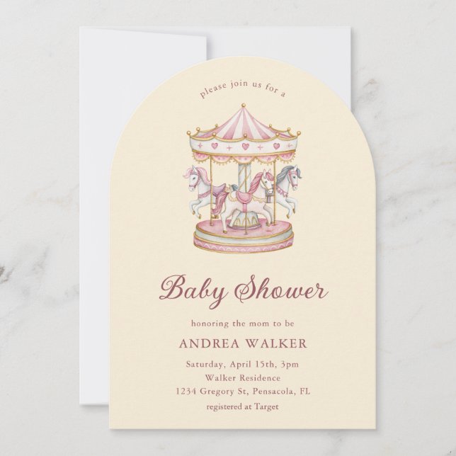 Invitación Pastel Pink Cute Carousel Girl Baby Shower Arch  (Anverso)