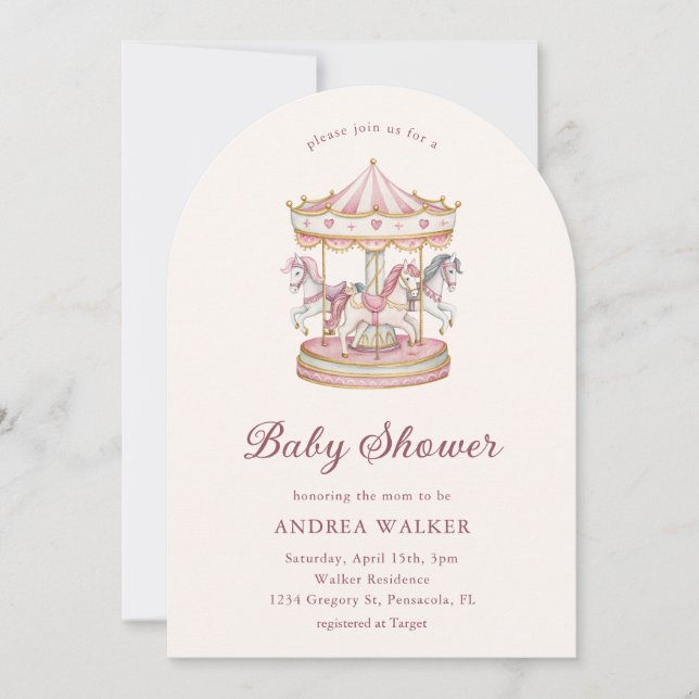 Invitación Pastel Pink Cute Carousel Girl Baby Shower Arch  (Anverso)