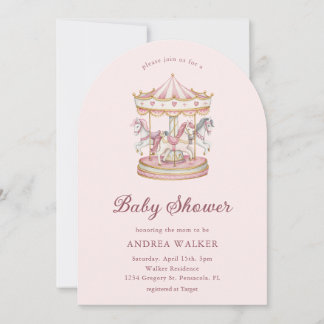 Invitación Pastel Pink Cute Carousel Girl Baby Shower Arch