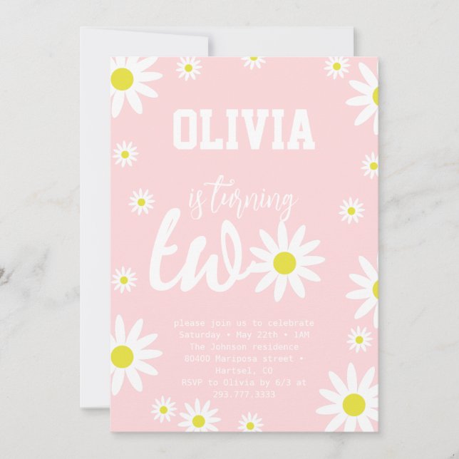Invitación Pastel Pink Daisy 2nd Birthday Party Boho White (Anverso)