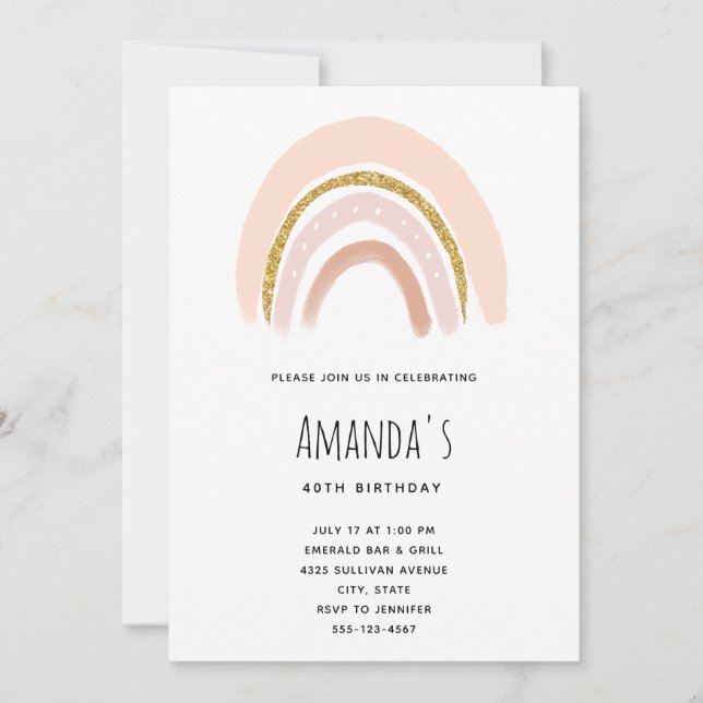 Invitación Pastel Pink & Faux Purpurina Boho Rainbow Birday (Anverso)