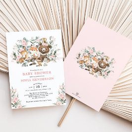Invitación Pastel Pink Floral Woodland Animals Baby Shower