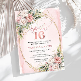 Invitación Pastel Pink Flowers Greenery 16th Birthday Invites