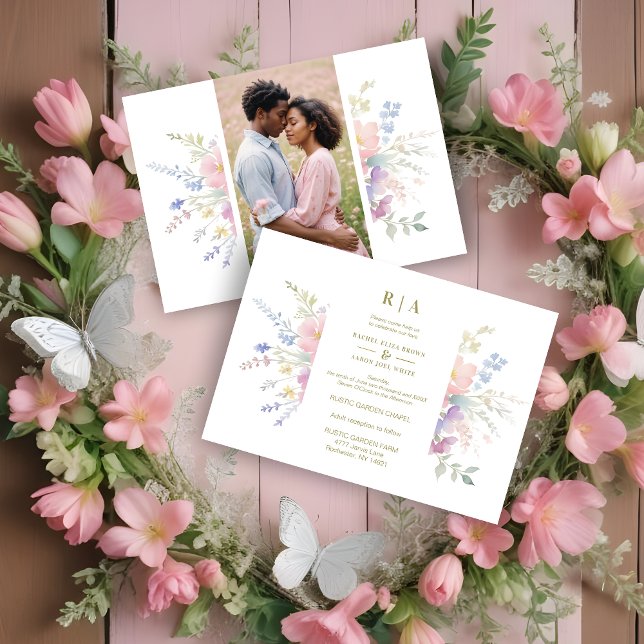Invitación Pastel Pink Flowers Greenery Elegant Spring Photo (Pastel Pink Flowers & Greenery Elegant Spring Photo Wedding Invitations Cards. )