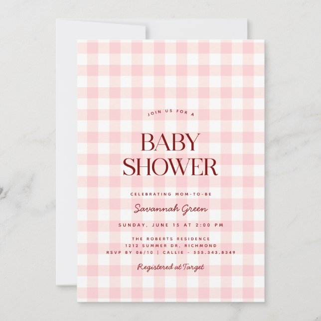 Invitación Pastel Pink Gingham | Summer Picnic Baby Shower (Anverso)