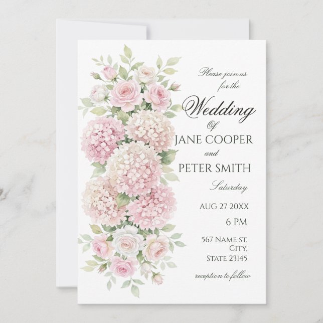 Invitación Pastel pink hydrangeas and roses Budget Wedding (Anverso)