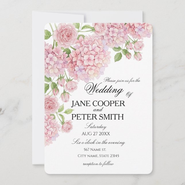 Invitación Pastel pink hydrangeas and roses Budget Wedding  I (Anverso)