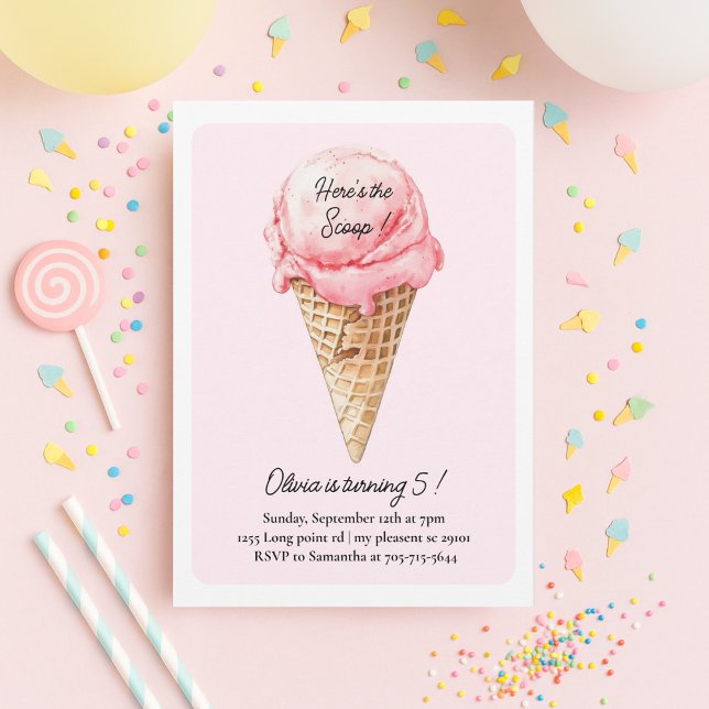 Invitación Pastel Pink Ice Cream Cone Birthday Party  (Subido por el creador)