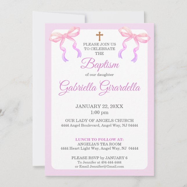 Invitación Pastel Pink & Lavender Ombre Bow Baptism (Anverso)