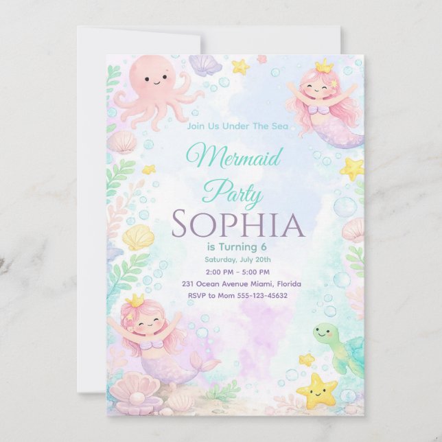 Invitación Pastel Pink Mermaid Birthday Invitation (Anverso)