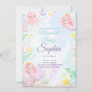 Invitación Pastel Pink Mermaid Birthday Invitation Editable