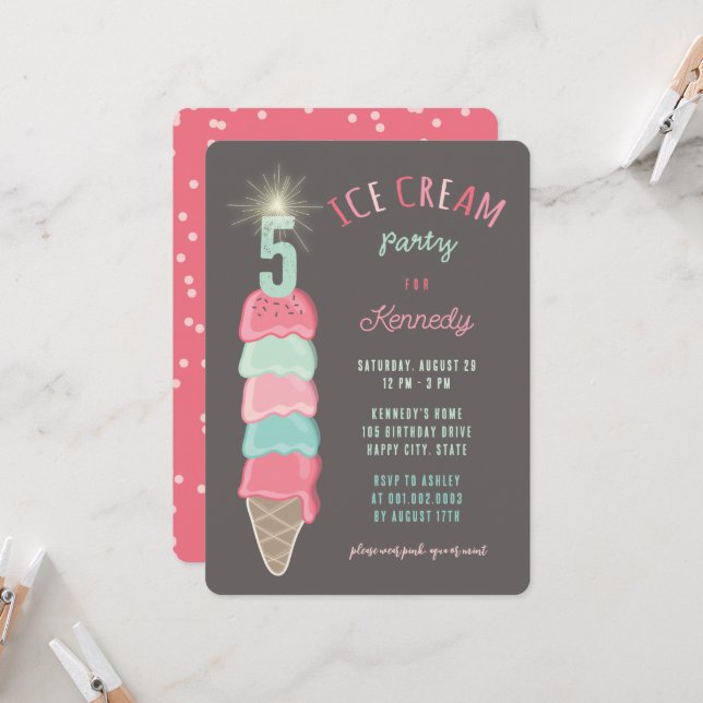 Invitación Pastel Pink Mint Ice Cream Girl 5th Birthday Party (Anverso/Reverso In Situ)