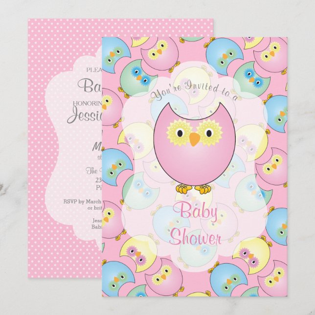 Invitación Pastel Pink Owl Baby Shower (Anverso / Reverso)