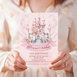 Invitación Pastel Pink Princess Royal Castle 4º cumpleaños