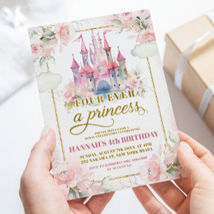 Invitación Pastel Pink Princess Royal Castle 4º cumpleaños