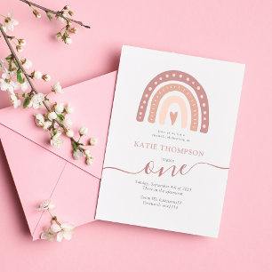 Invitación Pastel Pink Rainbow Boho virtual primer cumpleaños