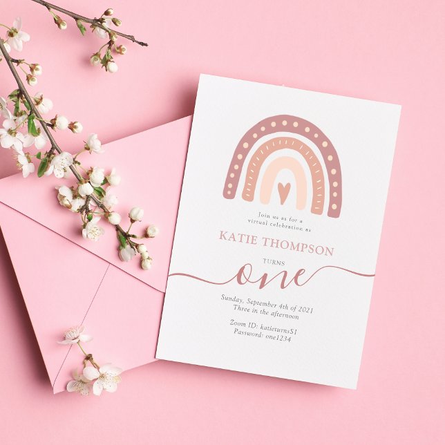 Invitación Pastel Pink Rainbow Boho virtual primer cumpleaños (Subido por el creador)