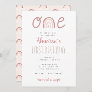 Invitación Pastel Pink Rainbow Cloud First Birday