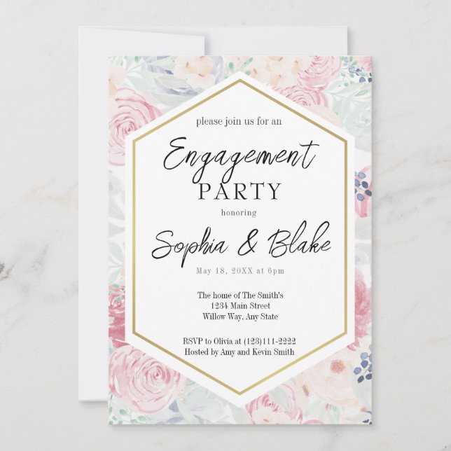 Invitación Pastel Pink & Rubor Floral Engagement Party (Anverso)