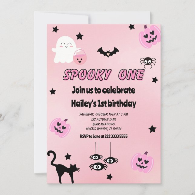 Invitación Pastel Pink Spooky Un primer Fiesta de cumpleaños (Anverso)