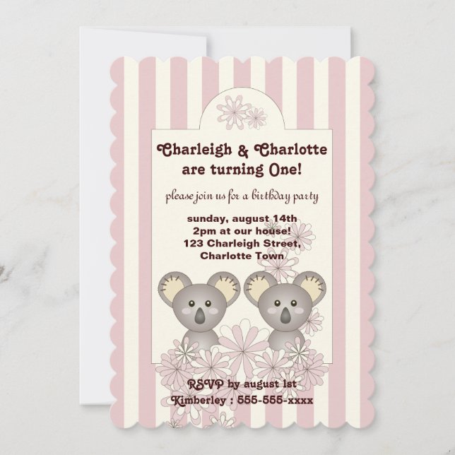 Invitación Pastel Pink Stripe Baby Koala Twin Chica Cumpleaño (Anverso)